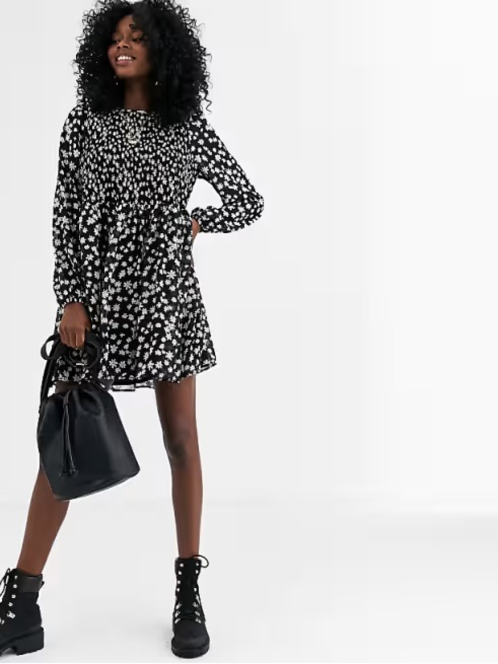 ASOS Black & White Floral Smocked Long-Sleeve Mini Dress - Size US 14